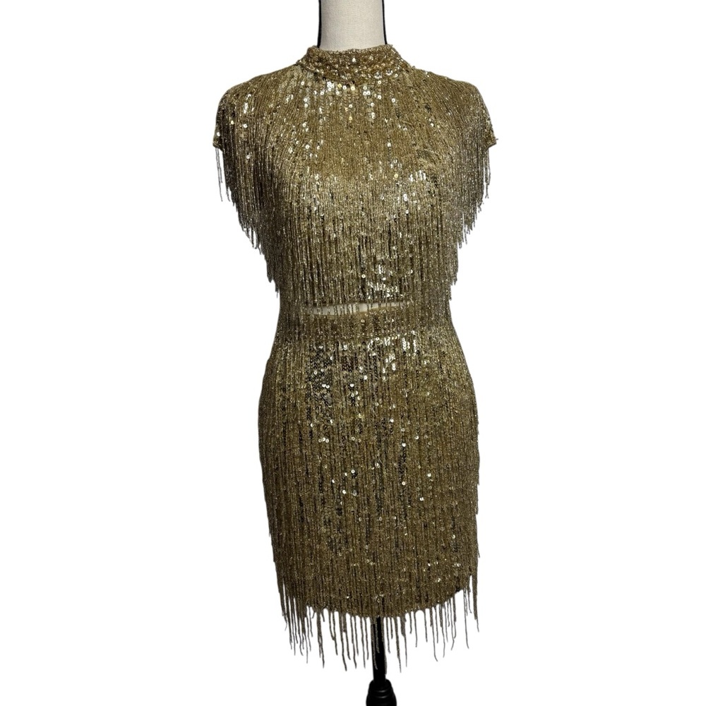SHERRI HILL Gold Beaded vintage-inspired‎ fringe cocktail 2 pc 1920s Flapper
